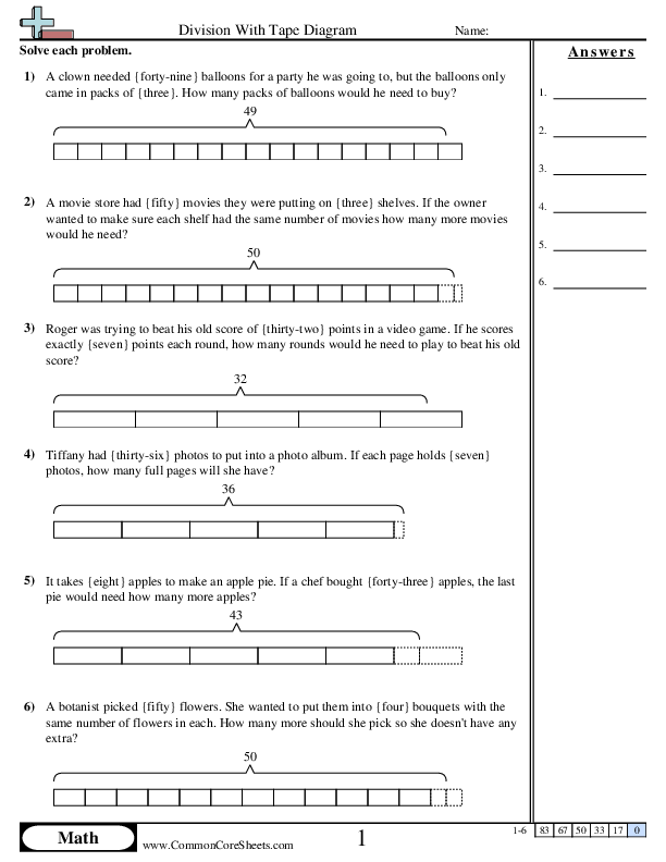 Tape Diagram Worksheets - Division With Tape Diagram worksheet